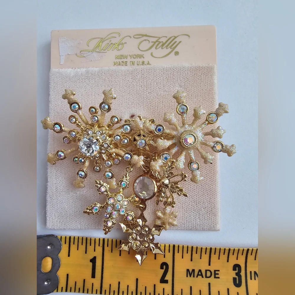 Vintage Kirks Folly Snowflake Dangle Brooch Pin AB Crystals Gold Tone Signed